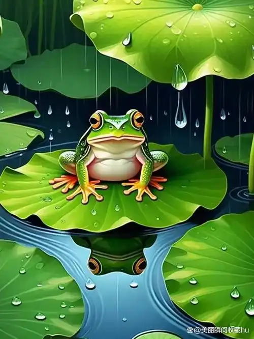 荷叶如同一把翠绿的伞,温柔地庇护着小青蛙,让它