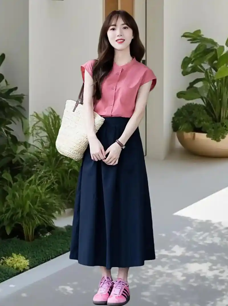 姐妹们,韩系粉丝短袖衬衫77高腰a字半身裙,时尚简约