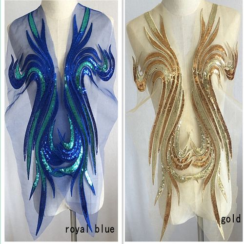 saskia凤凰尾金亮片网纱刺绣布贴大补丁衣礼服装饰辅料手工缝diy