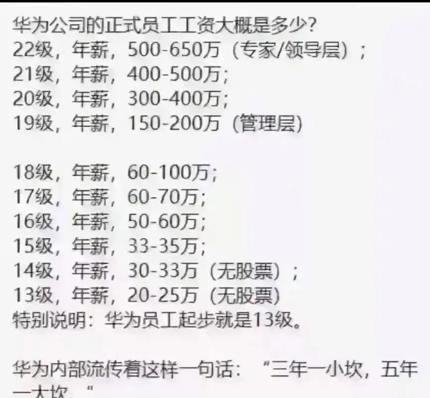 华为公司员工的年薪分为多个级别,其中专家/领导层的22级年薪范围为