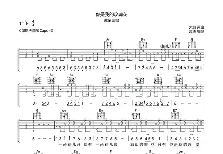 你是我的玫瑰花吉他谱_庞龙c调弹唱73%原版_鸿涛吉他up - 吉他世界