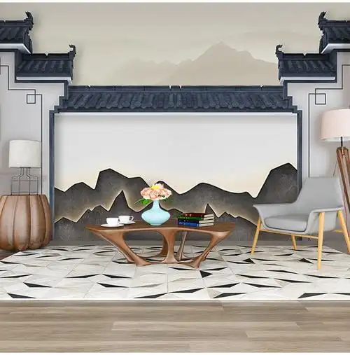 新中式徽派建筑背景墙壁纸江南水乡水墨文化茶室饭店餐厅酒楼墙纸