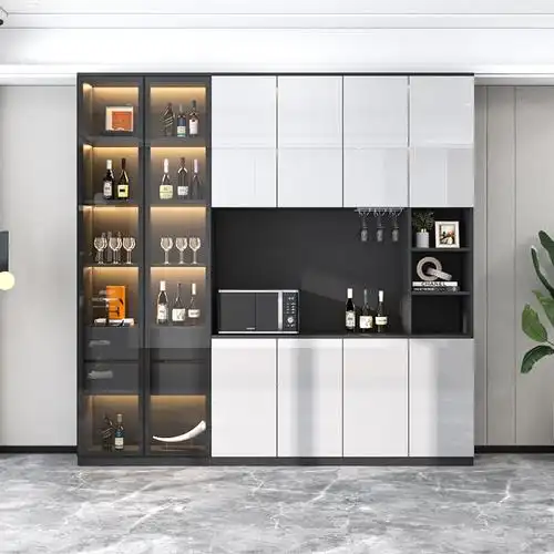 轻奢玻璃门酒柜靠墙高光门板大容量家用展示柜现代简约餐边柜带灯