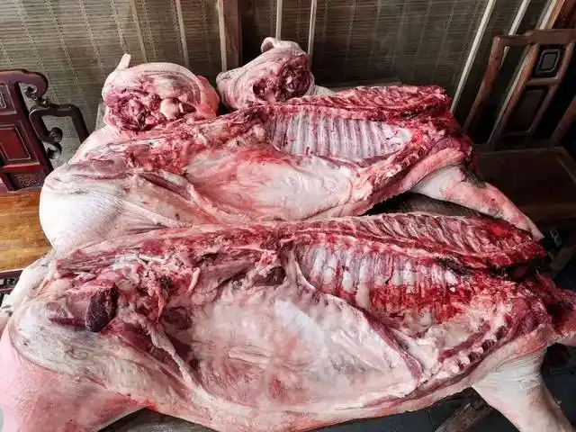 从整猪的分解到烹饪,都亲力亲为~ 厨师们熟练的将猪肉分割好,刀刀精准