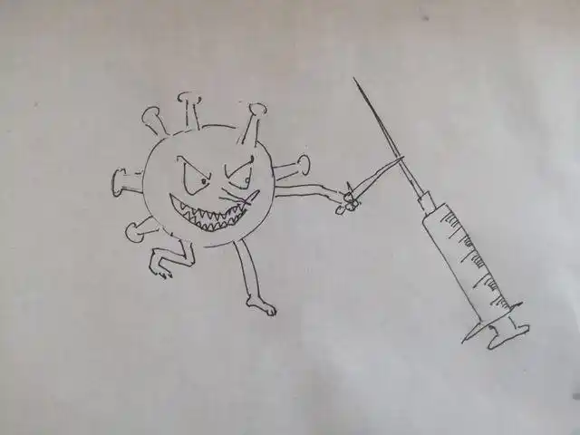 2.第二步画出一个针管,针管正与病毒对抗.