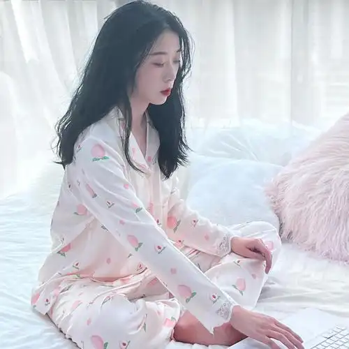 睡衣女夏秋款水蜜桃少女感冰丝睡衣长袖长裤可爱家居服套装可外穿