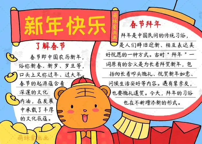 简单又漂亮的三款小学2022虎年春节手抄报模板,含文字内容