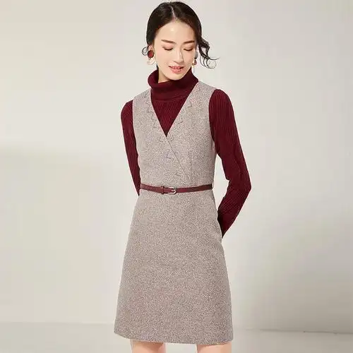 欧昵雪秋冬v领绣花收腰无袖毛呢连衣裙女修身显瘦背心裙