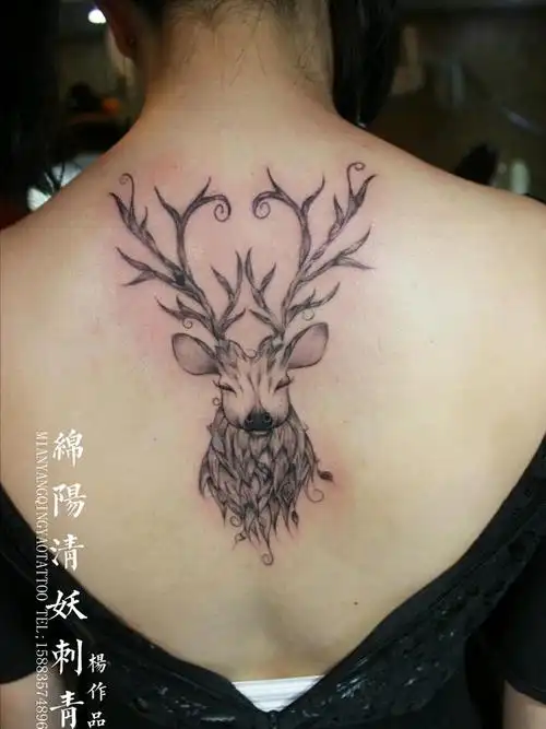 后背麋鹿纹身_纹身图案手稿图片_李中杨的纹身作品集