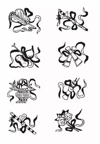 其实,这些图案就是"暗八仙",暗八仙即葫芦,团扇,宝剑,莲花,花笼,鱼鼓