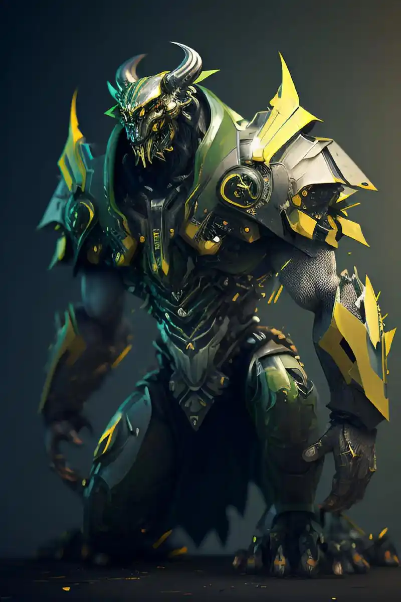 一个被妖魔化的机甲武士身披难以置信的绿色重型盔甲的强壮的半机器人