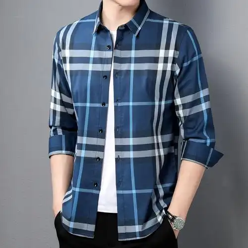 2022春秋新款男装商务格子长袖衬衫中青年男士休闲棉质开衫衬衣