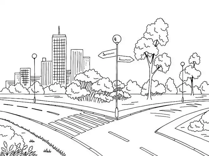 街道道路图形黑白城市景观素描插图矢量图片下载