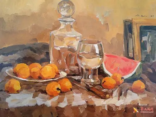 优秀水粉画作品欣赏_水粉静物(玻璃器皿,透明高脚杯,西瓜,桔子组合)