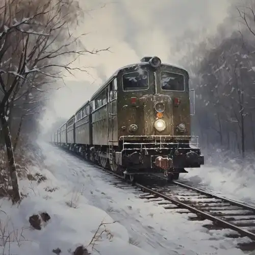 轨道上行驶的绿皮火车交通工具摄影图