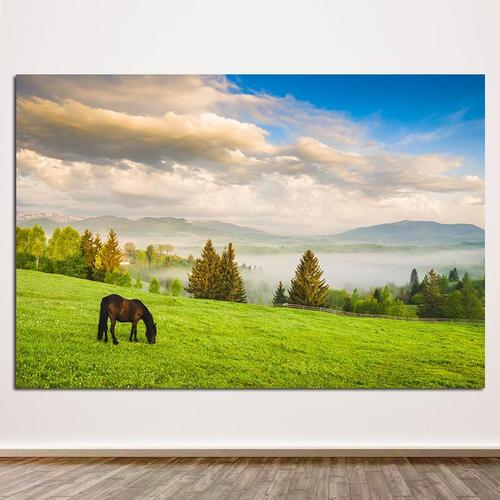 大草原风景画一匹马黑马骏马动物墙贴画马吃草自然风光自粘装饰画