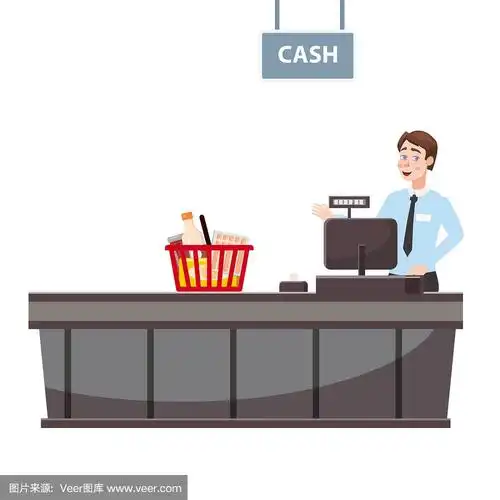 收银员在超市的收银台后面,买东西,店里拿着装满杂货的篮子.