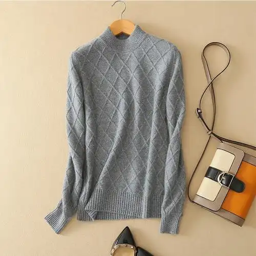2017秋冬季新款羊绒衫女装圆领修身菱形韩版加厚针织衫