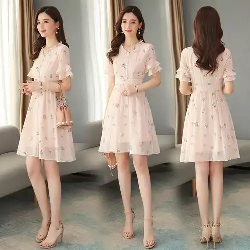 千雅薇粉色v领雪纺碎花连衣裙女士夏天中长款2020新款流行裙子xl粉色