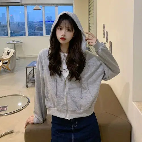 实拍 韩版纯色短款长袖拉链连帽卫衣外套上衣女宽松百搭ins-学姐