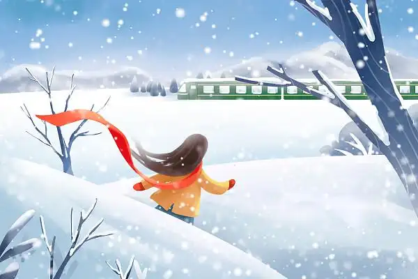 唯美冬天背景下雪天追逐火车的女孩背影原创插画海报大雪背景