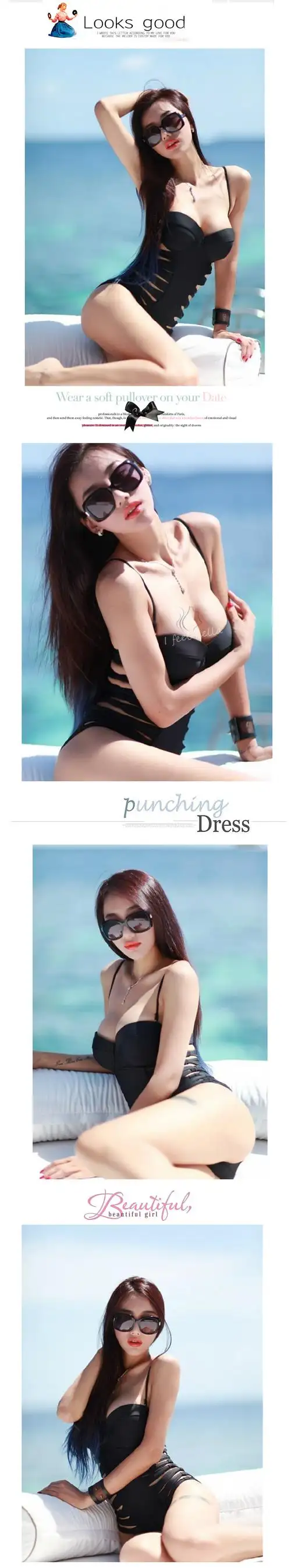 巴蔓妮2016欧洲站 网红钢托聚拢显瘦比基尼连体泳衣 黑色 m