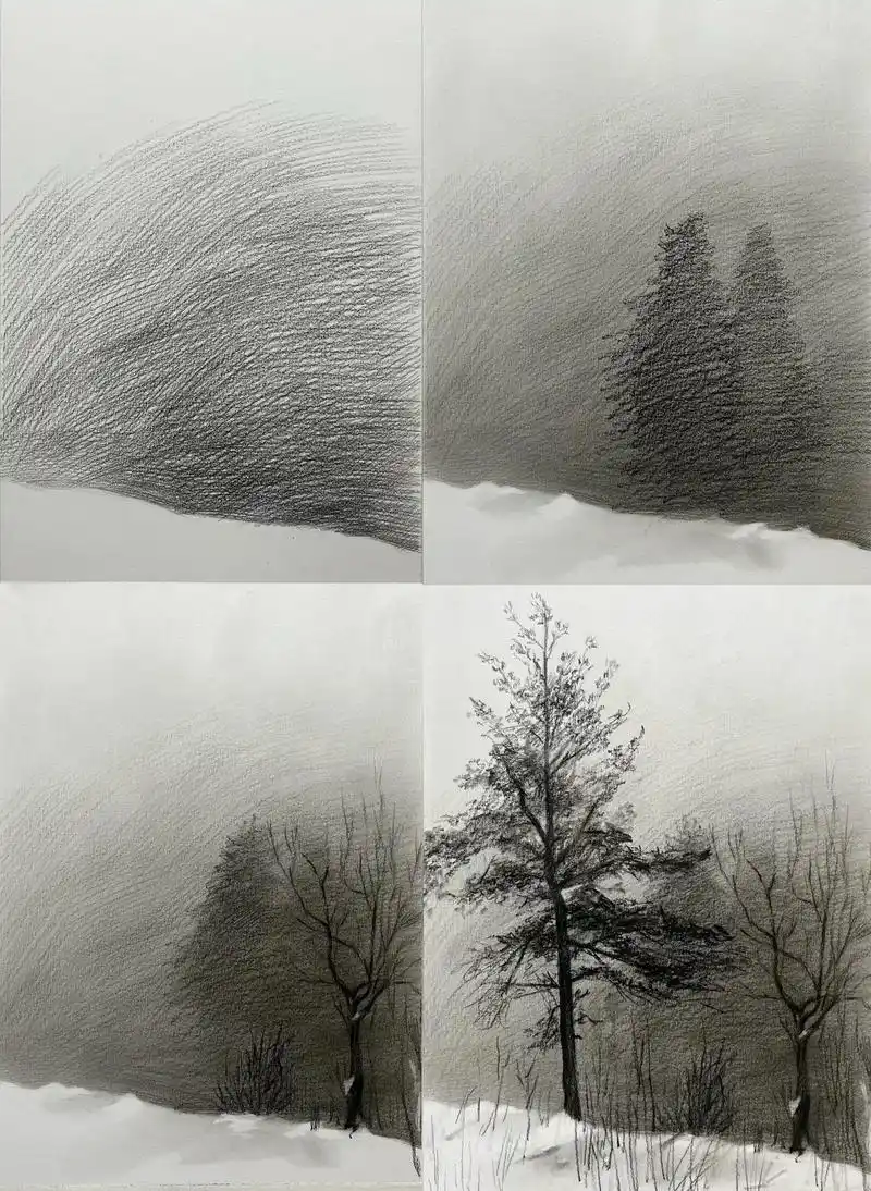 零基础小白也能跟画的素描风景.#零基础学画画 #雪景美如画  - 抖音