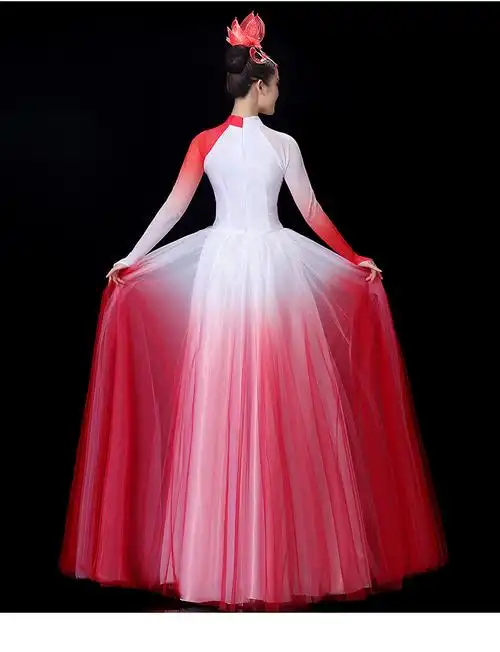 开场舞大摆裙演出服女大气中国风大合唱服装女长裙现舞蹈连衣裙玫红色