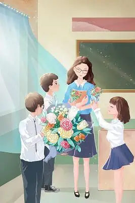 教师卡通插画学生鲜花祝福教师节插画