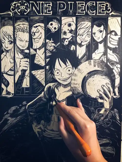 手工雕刻海贼王黑白木刻版画动漫