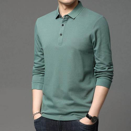 全棉长袖t恤男春秋款纯棉polo小衫纯色净版简单t桖有领子翻领丅桖