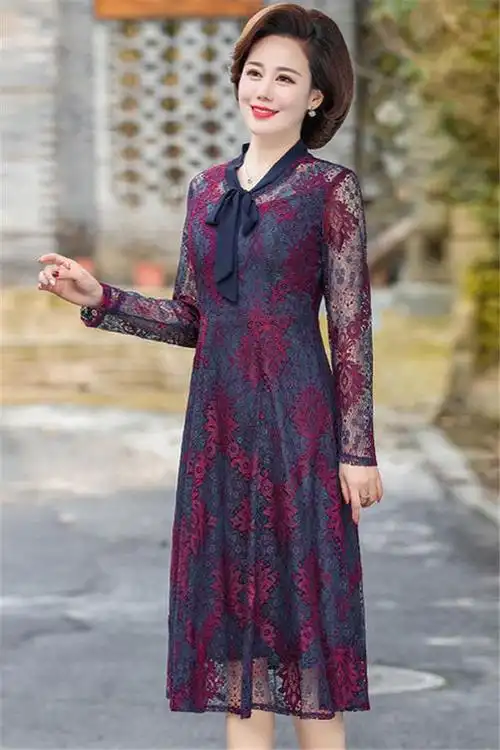 妈妈装春夏新款连衣裙蕾丝中长款过膝中老年女装长袖裙子高贵洋气