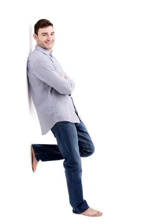 英俊,男人,倚靠,白墙,服装,隔绝,白色背景