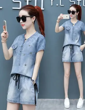 时尚套装女夏2018夏季新款女装牛仔休闲减龄套装韩版绣花两件套潮
