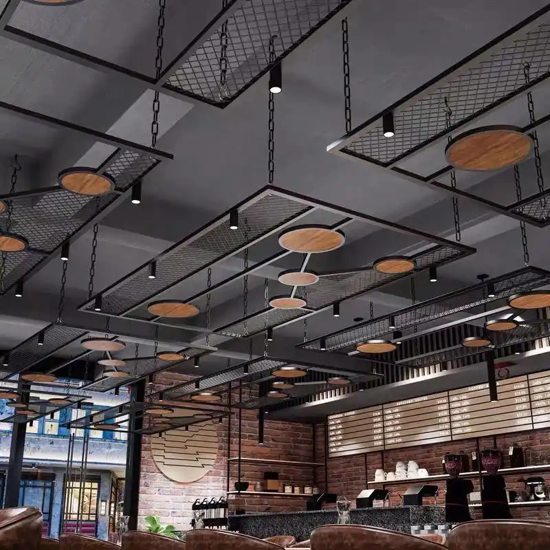 工业风铁网麻绳吊顶创意餐厅酒吧天花板悬挂铁艺木条复古装饰定做