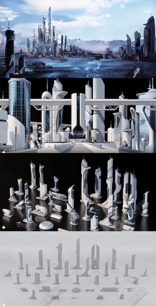 44个未来科幻风格楼房建筑3d模型 future city – 3d kitbash pack