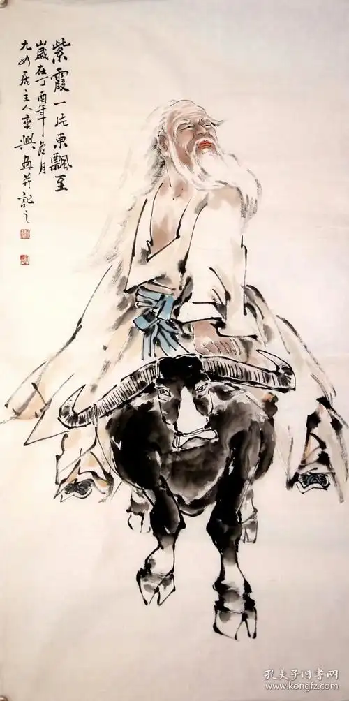 天来堂画牛第一人何奕兴老师四尺老子出关图单幅价格