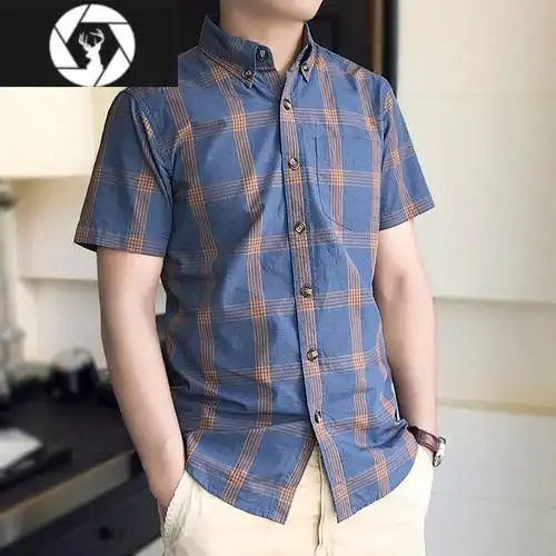 hongzun格子衬衫男短袖商务休闲夏季衬衣青年修身韩版半袖寸