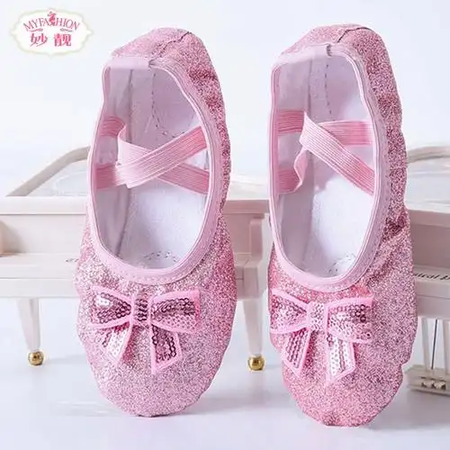 精品儿童舞蹈鞋女芭蕾舞鞋练功鞋宝宝跳舞鞋猫爪蝴蝶结软底防滑鞋