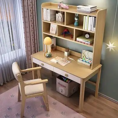 实木书桌书架书柜一体儿童学习桌椅子家用卧室中小学生写字桌女孩