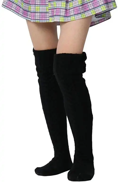 女式羊毛丝袜休闲绞花针织超长靴袜过膝长筒袜暖腿套 黑色//白色 one