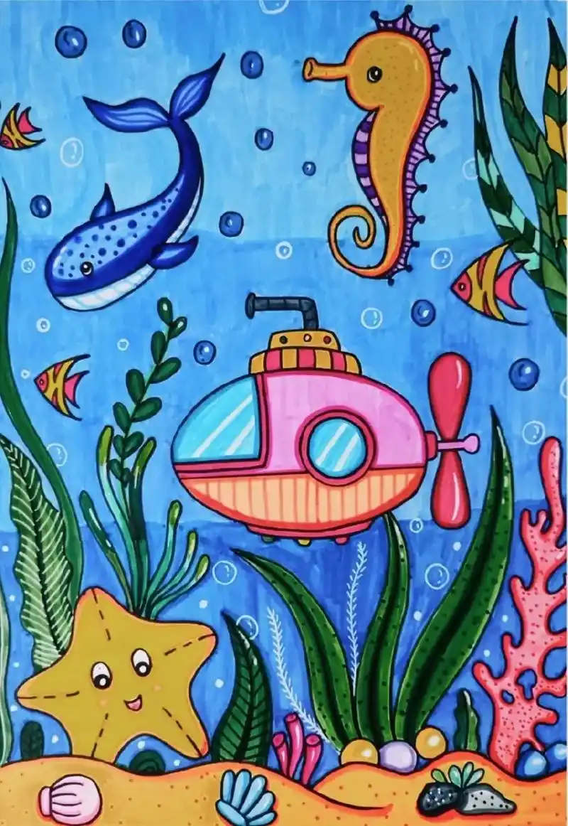 儿童创意绘画 #创意画 《海底世界》#创意美术  - 抖音