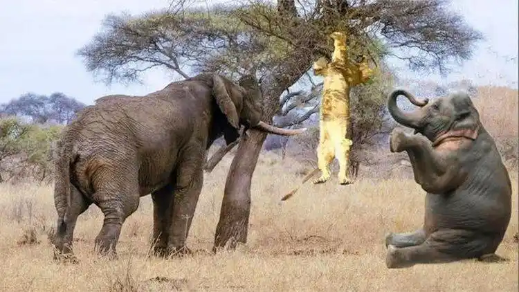 狮子伏击大象群,大象展开攻击,狮子爬树逃脱大象的报仇!
