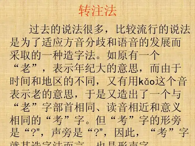 转注法 过去的说法很多,比较流行的说法 是为了适应方音分歧和语音的