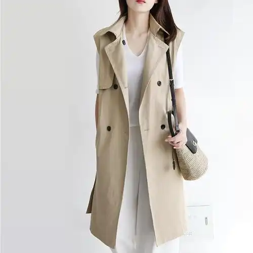 利落洒脱的卡其色无袖风衣式中长款马甲 wj1085
