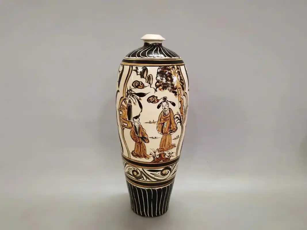 古玩艺术品收藏.宋,磁州窑白地黑黄彩花卉地开光人物故事梅瓶. - 抖音