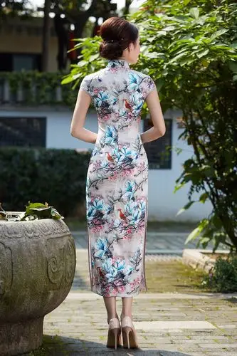 华之韵仿真丝中式传统典雅水滴领盘扣长款旗袍 连衣裙