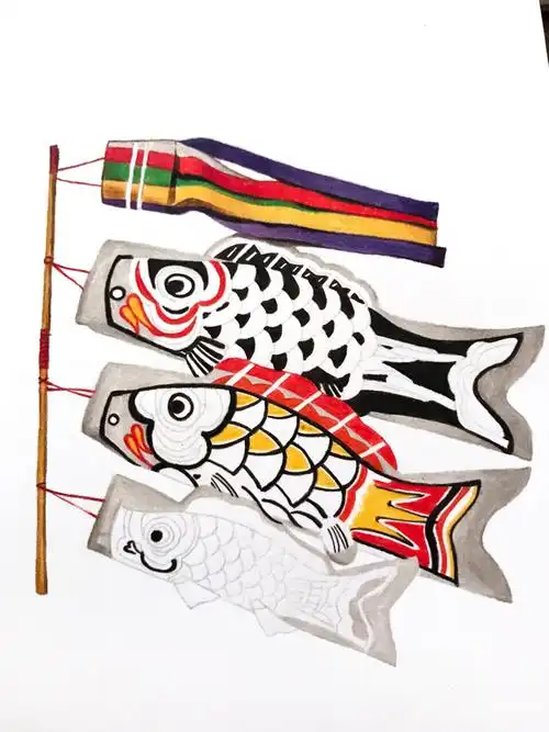 【手绘插画】彩铅绘画教程 日本鲤鱼旗②