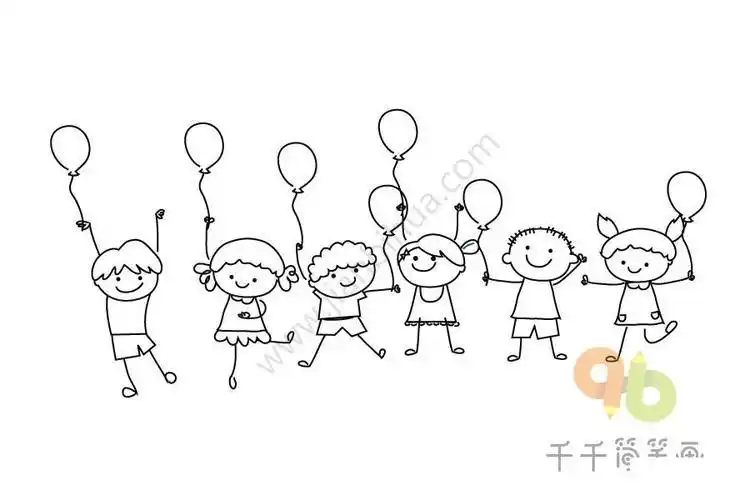 一群手牵气球的小孩简笔画 男孩简笔画大全女孩简笔画图片大全小孩