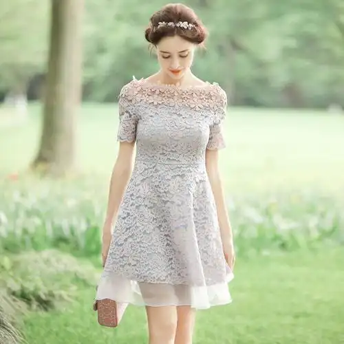 西拉朵 2017新款女装短袖蕾丝一字领连衣裙夏a